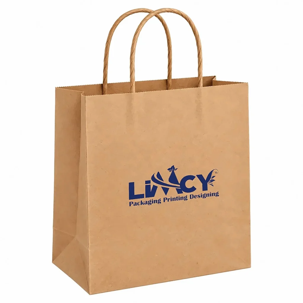 Brown kraft paper bag with twisted handles and navy logo, ideal for cafés and bakeries