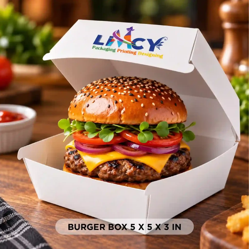Standard burger box size 5 x 5 x 3 inches with a cheeseburger in a Limcy Packaging box