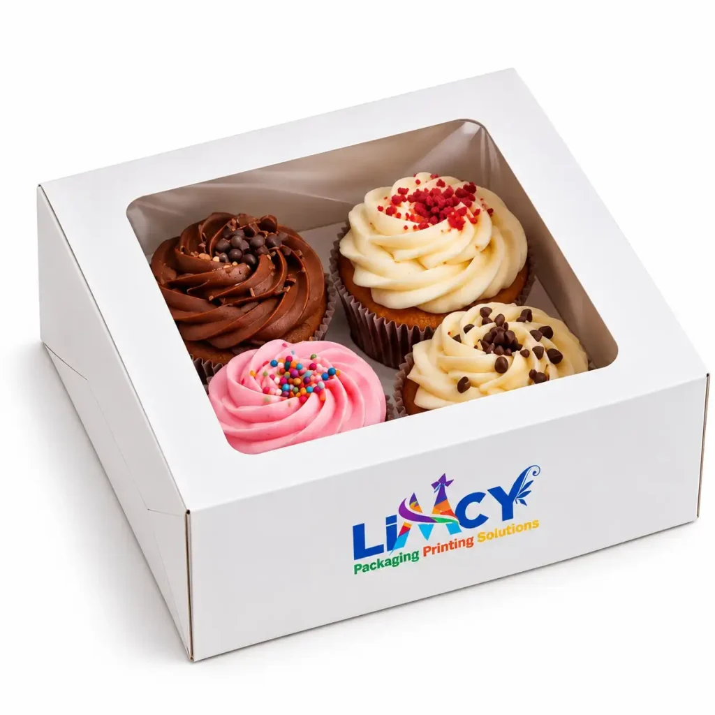 White cupcake window box with logo holding four frosted cupcakes