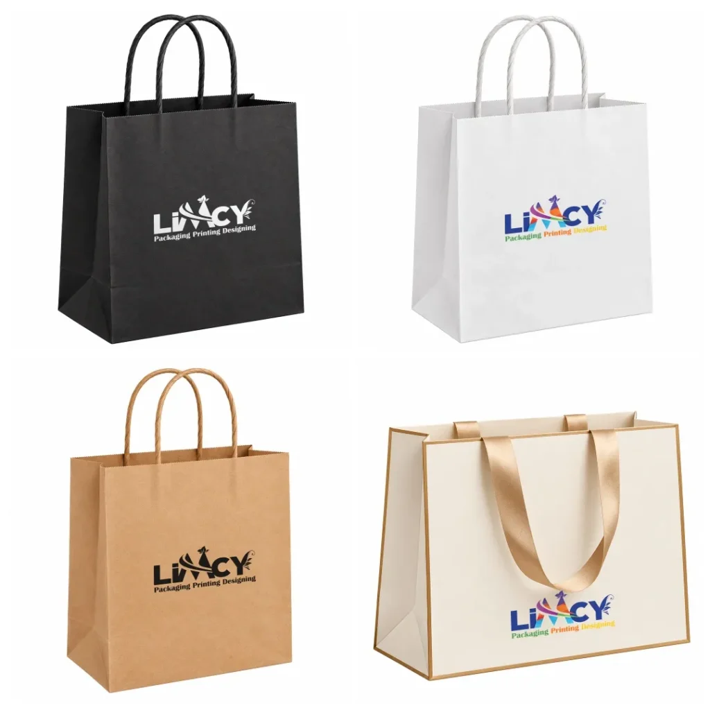 Custom paper bag materials and finishes: black, white, kraft, and luxury ribbon-handle bags by Limcy Packaging