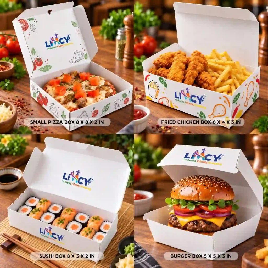Food packaging box sizes for pizza, fried chicken, sushi, and burger boxes