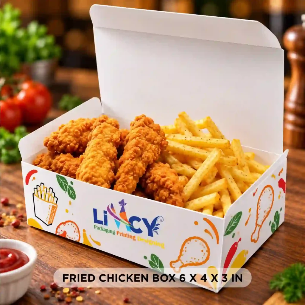 Fried chicken box 6 x 4 x 3 inches holding tenders and fries, custom printed by Limcy Packaging