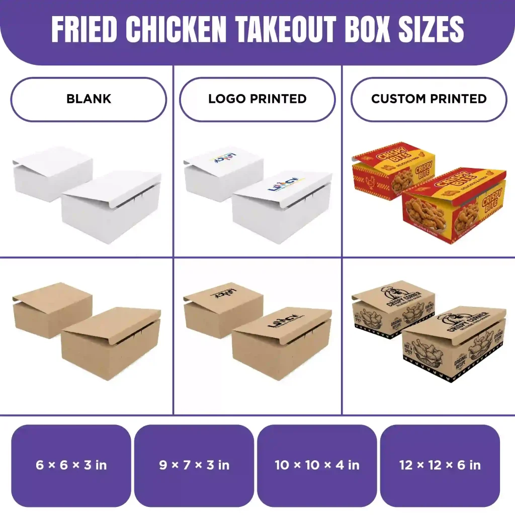 Custom fried chicken boxes in blank, logo printed, and custom printed designs in white and kraft, in four sizes