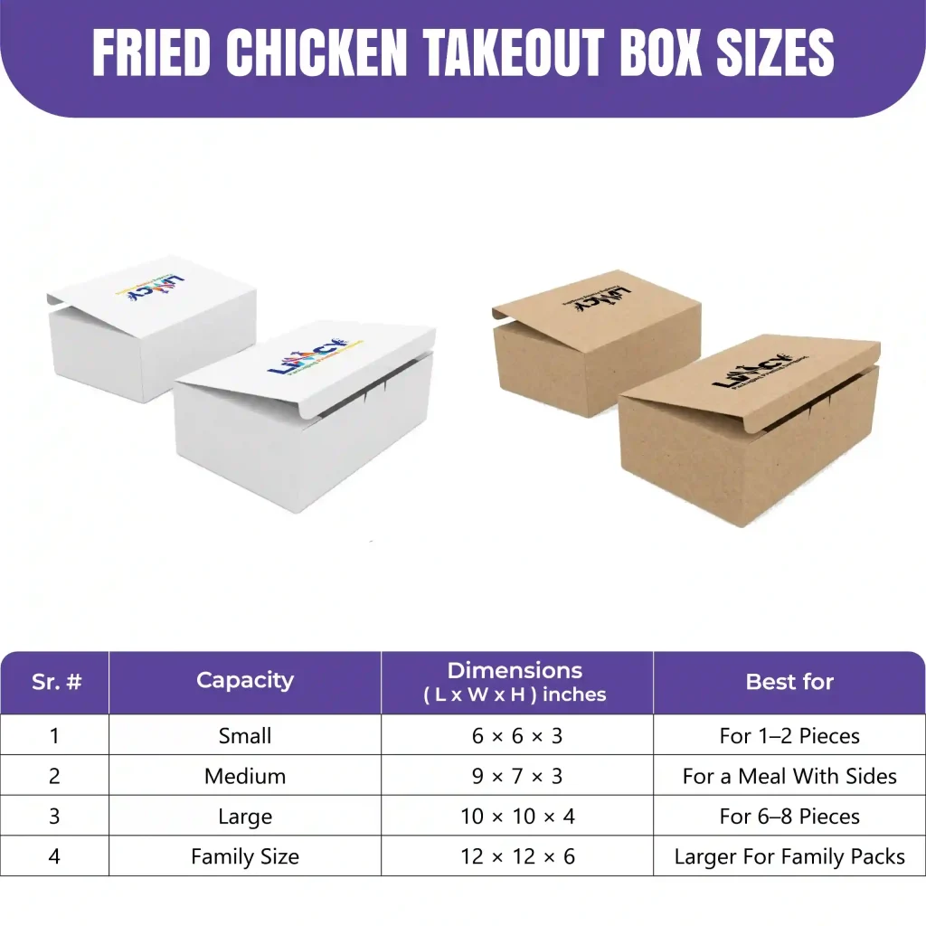 Custom fried chicken boxes size chart showing small, medium, large, and family size dimensions in inches