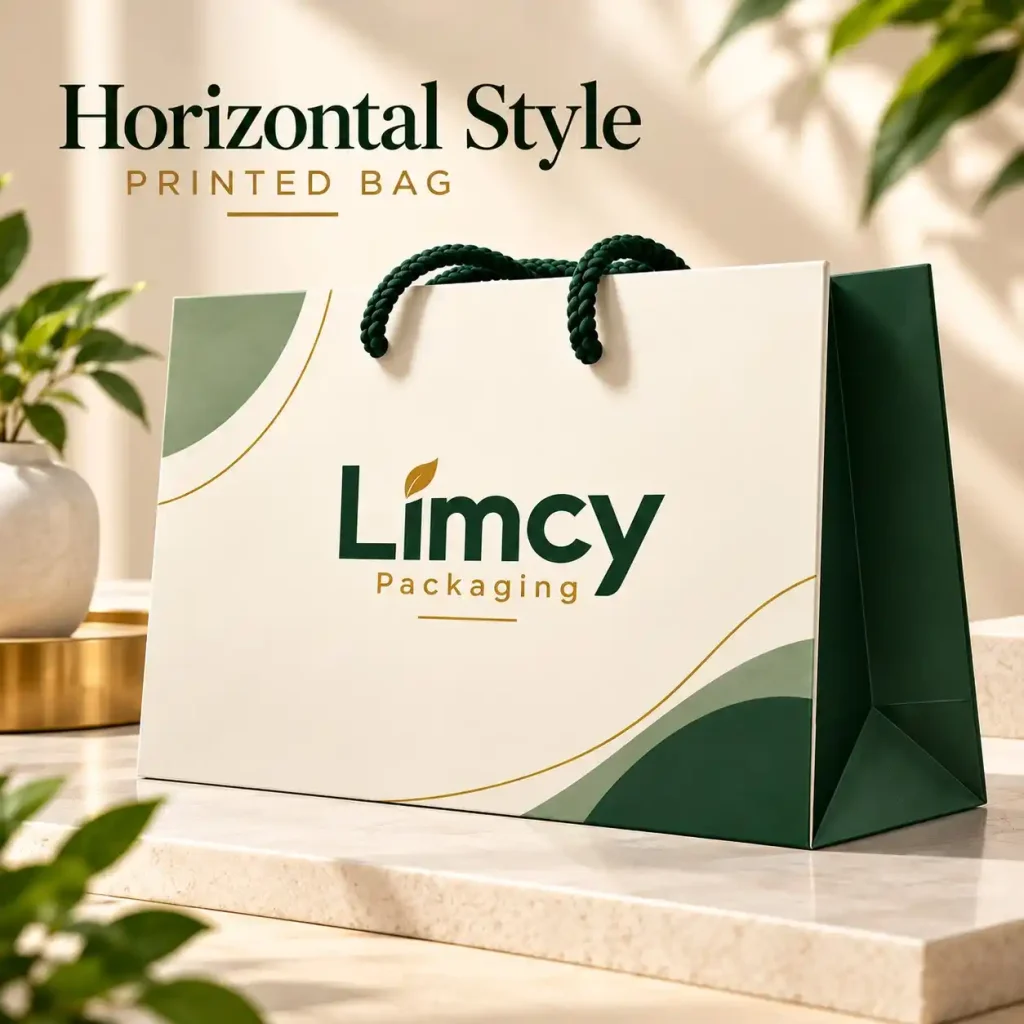 Horizontal printed paper bag with Limcy logo and green rope handles