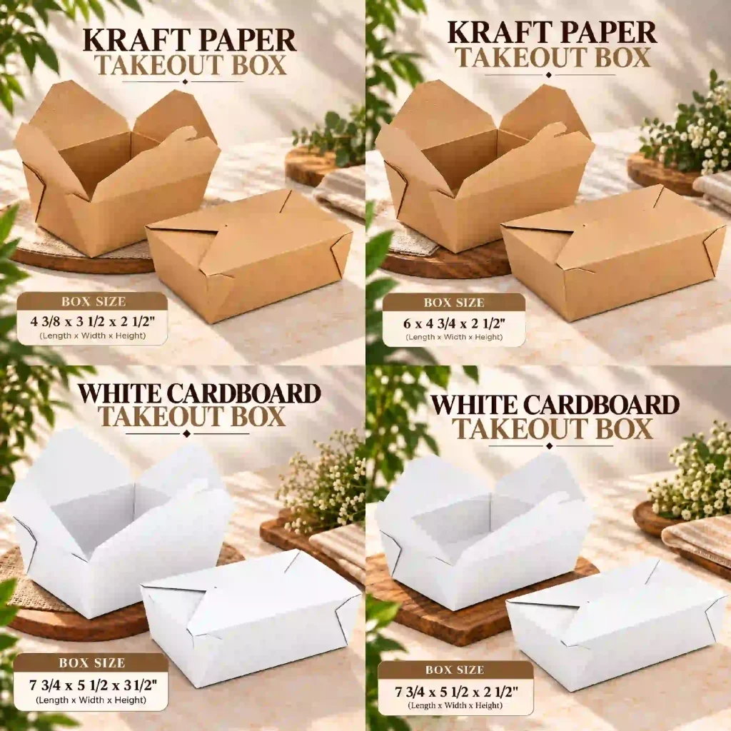 Interlocking flap food box sizes in kraft and white paperboard, shown open and closed