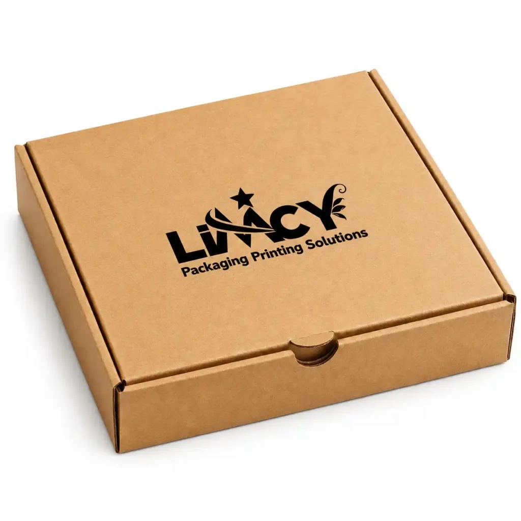 Brown kraft takeout box with tuck-top lid and custom printed logo