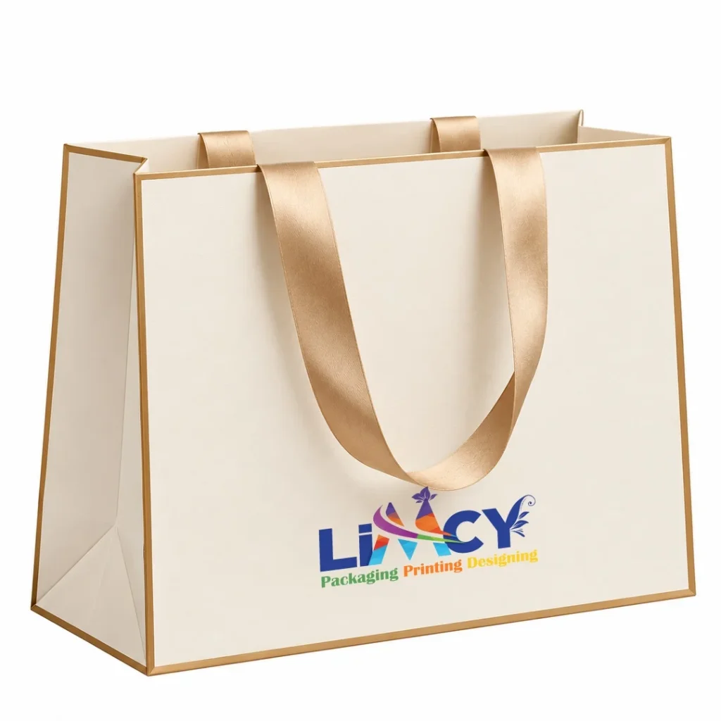 Luxury cream bag with gold edge trim, satin ribbon handles, and Limcy logo