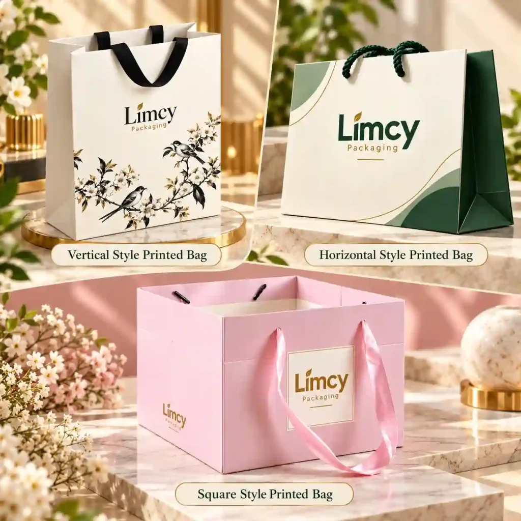 Popular printed bag styles: vertical, horizontal, and square bottom bags by Limcy Packaging
