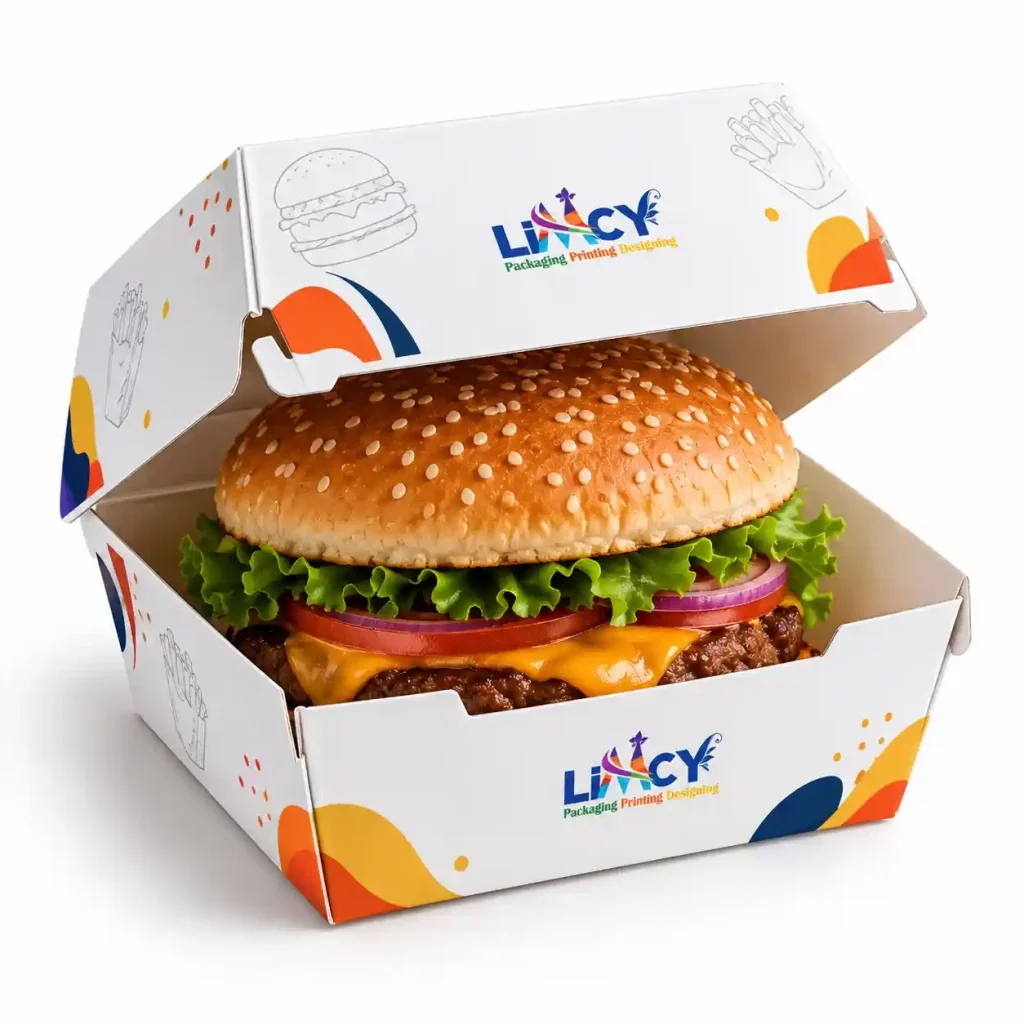 Printed burger clamshell box with custom branding for restaurants and food trucks