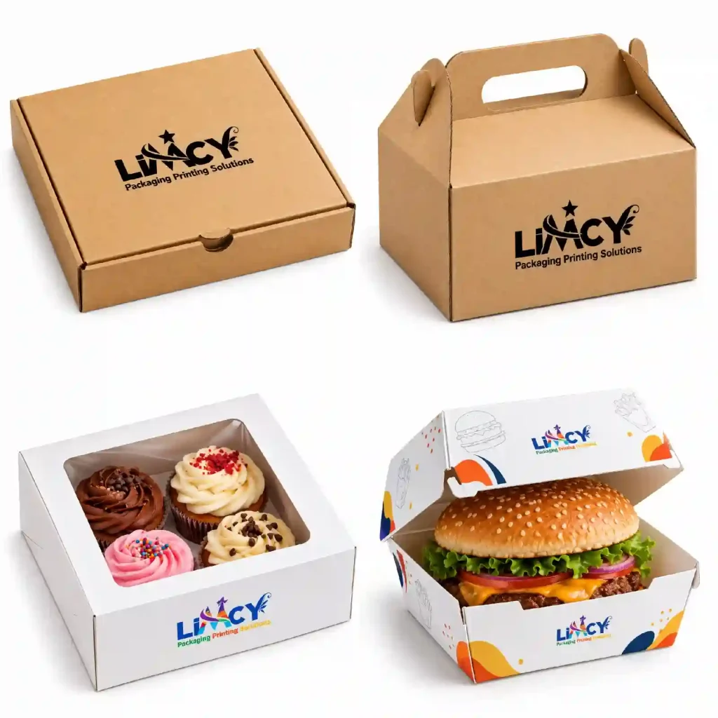 Custom restaurant packaging boxes with logo, including kraft, cupcake window, and burger boxes