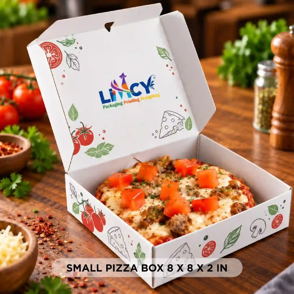Small pizza box size 8 x 8 x 2 inches with a cheese and tomato pizza, by Limcy Packaging