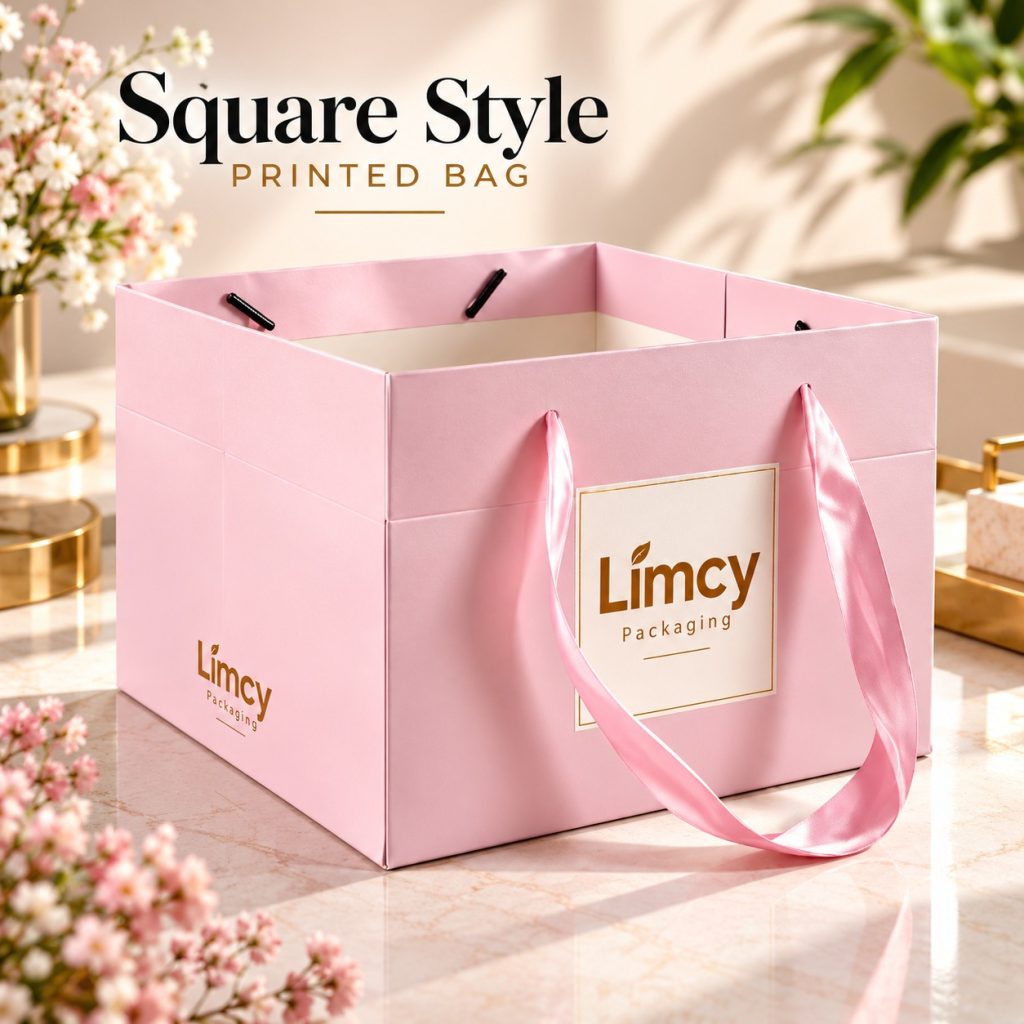 Pink square bottom printed bag with Limcy logo and satin ribbon handles