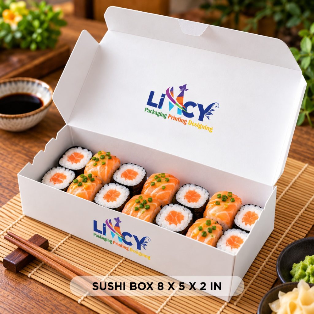 Sushi box 8 x 5 x 2 inches with salmon rolls in a custom Limcy Packaging box