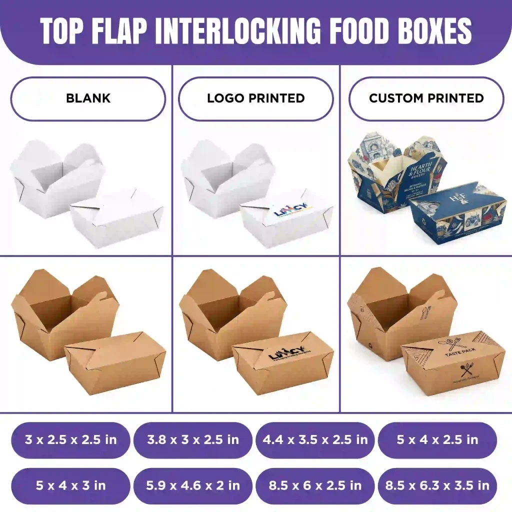 Interlocking flap food box sizes in white and kraft, shown blank, logo printed, and custom printed, from 3 x 2.5 x 2.5 to 8.5 x 6.3 x 3.5 in