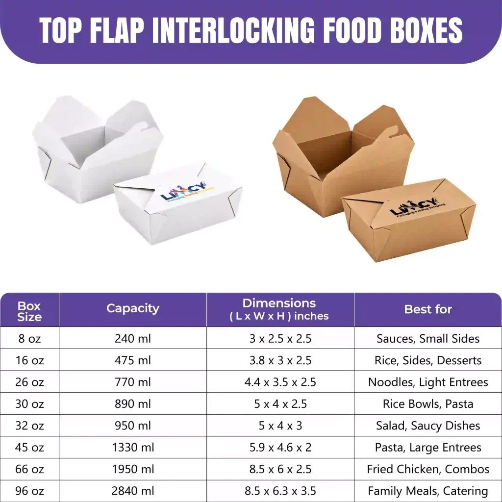 Interlocking flap food box sizes chart with capacity, dimensions, and best uses for 8 oz to 96 oz boxes