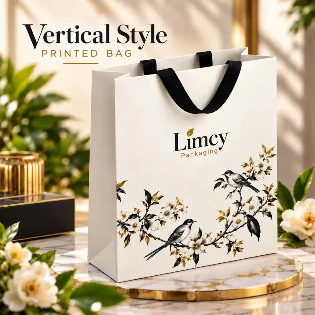 Vertical printed paper bag with floral bird design and black ribbon handles