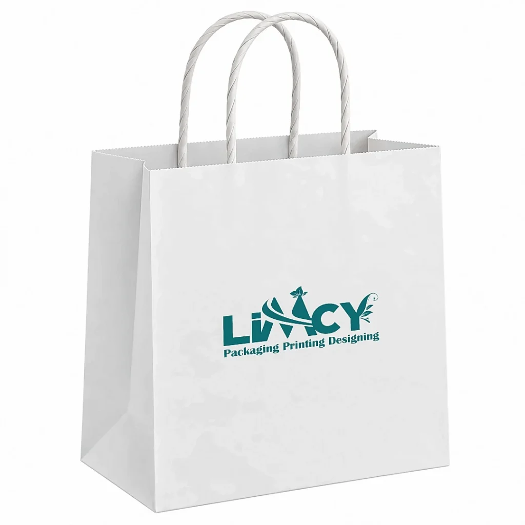 Best printed bags for retail stores: white kraft paper bag with twisted handles and teal logo