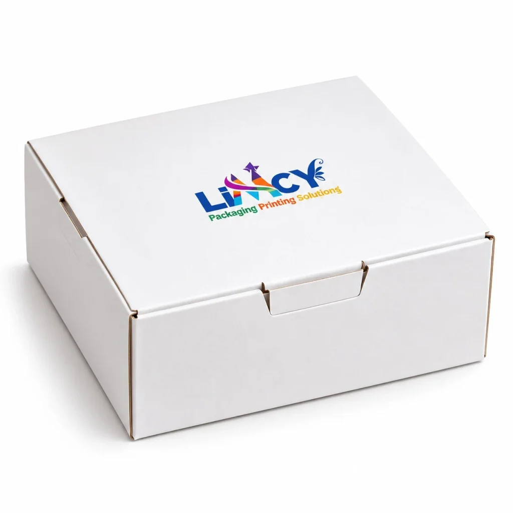 White takeaway box with full-color logo printing for cafés and bakeries